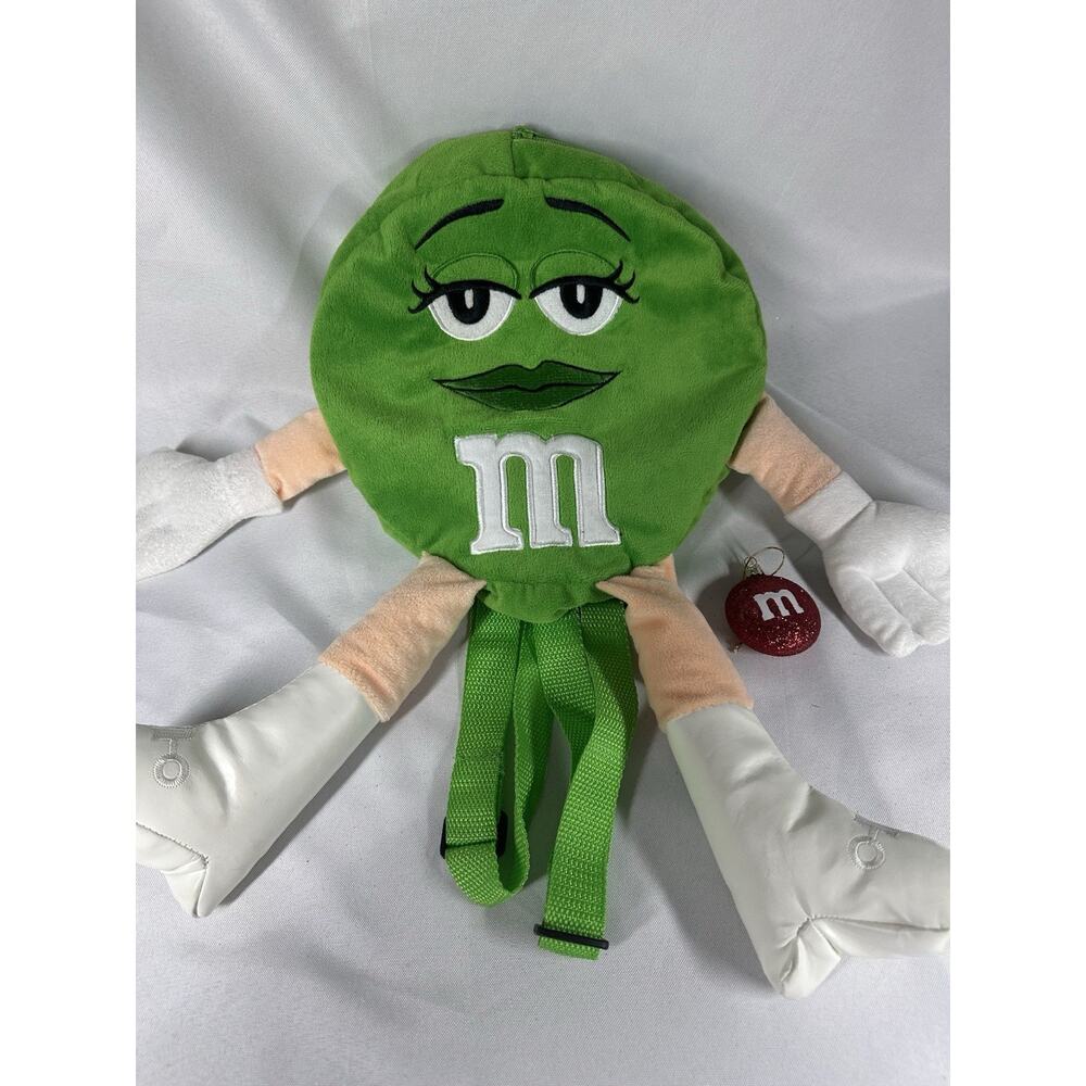 M&M World Rare Green M&M Adjustable Backpack Plush Styled 18"/Red Ornament